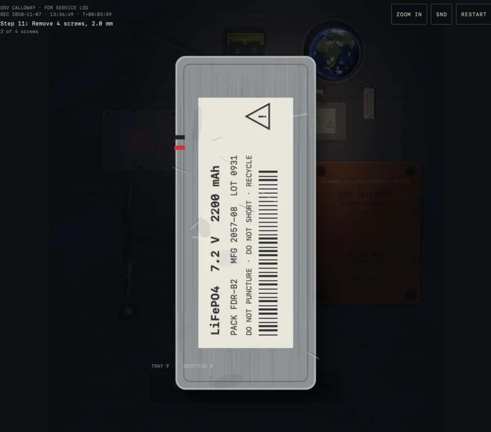 Flight Recorder: the battery pack held up close to read its label while the bench dims behind it.