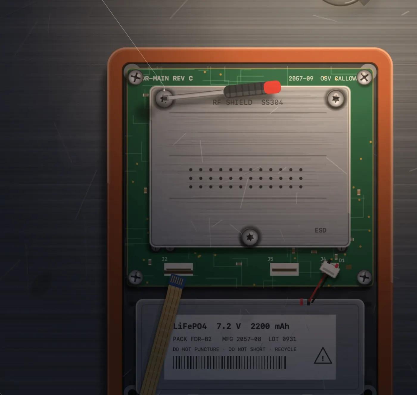 Flight Recorder: with the lid off, a screwdriver backs out the screws holding the RF shield on the green main board, above the battery pack.