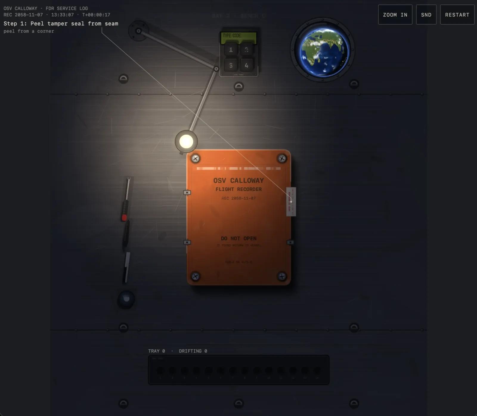 Flight Recorder, step 1: the sealed orange recorder of the OSV Calloway under a bench lamp, with tools beside it and Earth in a porthole.