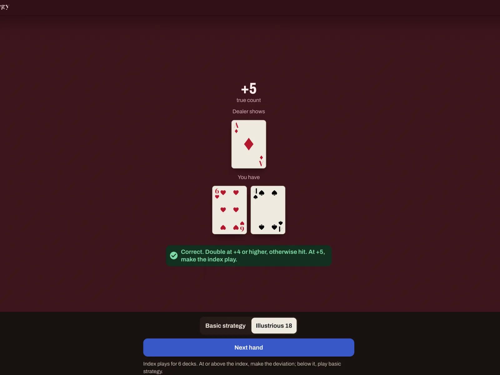 Hi-Lo Trainer strategy drill: against a dealer ace at a true count of plus five, an index-play answer is marked correct.