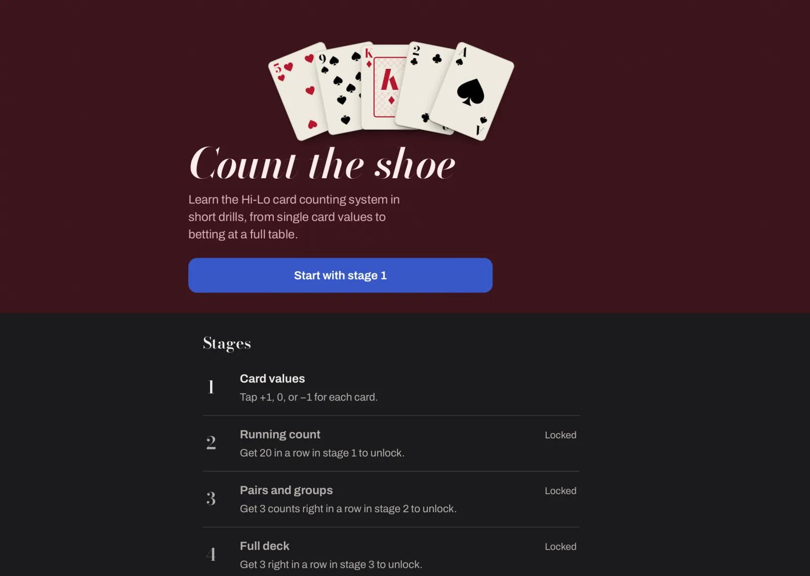 Hi-Lo Trainer home screen: a fan of playing cards over the heading Count the shoe, and the list of training stages.