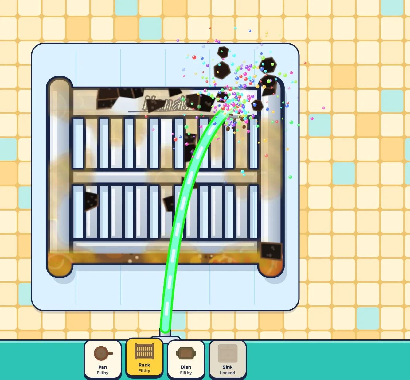 Kitchen Sink: a rainbow-colored spray with cheat codes on, smashing grime off an oven rack.