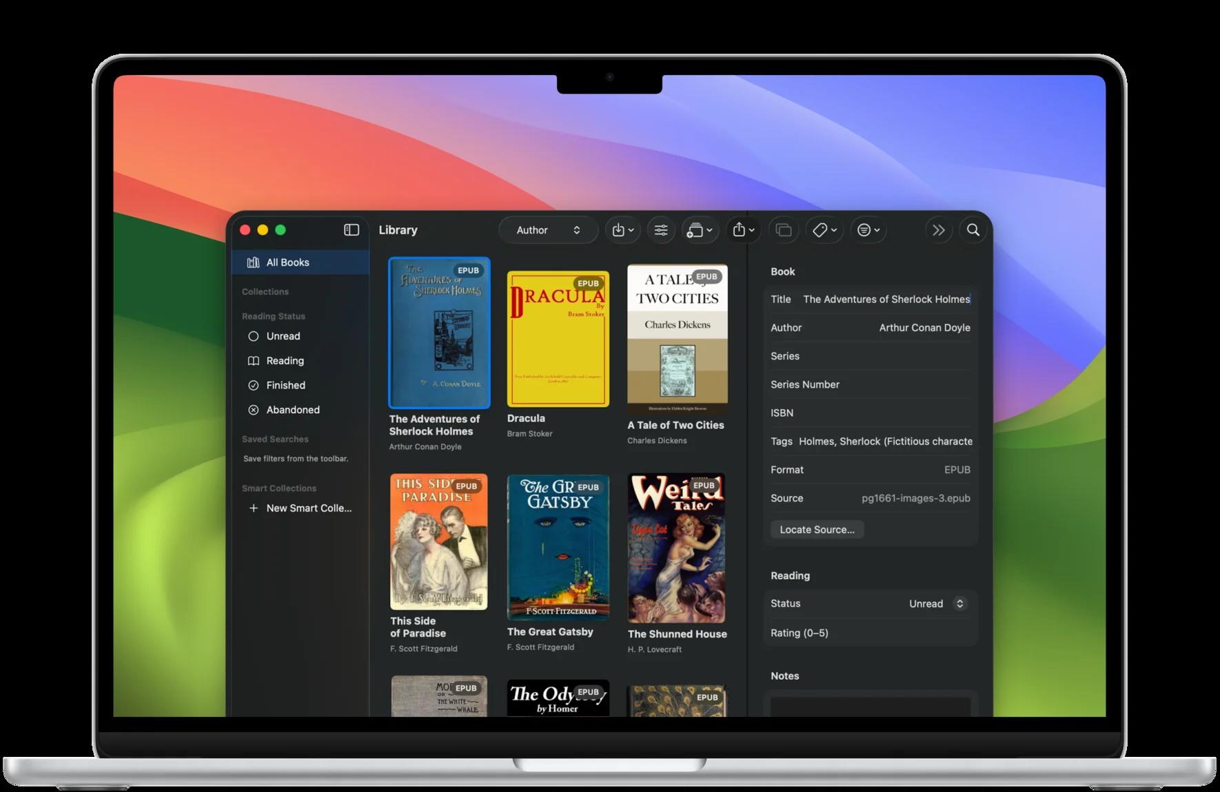 Rebacked’s library window on a MacBook Air: a grid of ebook covers including Dracula, A Tale of Two Cities, and The Great Gatsby, a sidebar with reading status and Smart Collections, and a panel editing the title, author, tags, and source of The Adventures of Sherlock Holmes.